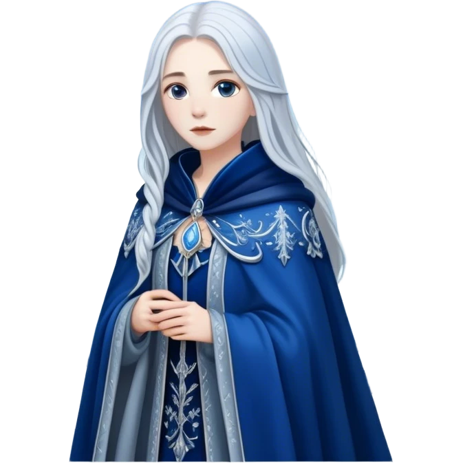 A woman with long silver hair, wearing a blue velvet cloak with silver embroidery, standing in a snowy landscape, mystical atmosphere, detailed emoji
