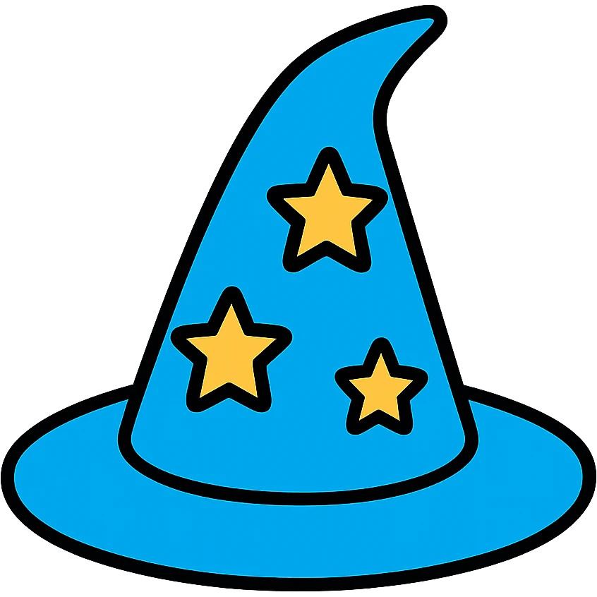 Blue wizard hat with stars, magical conical hat with wide brim emoji