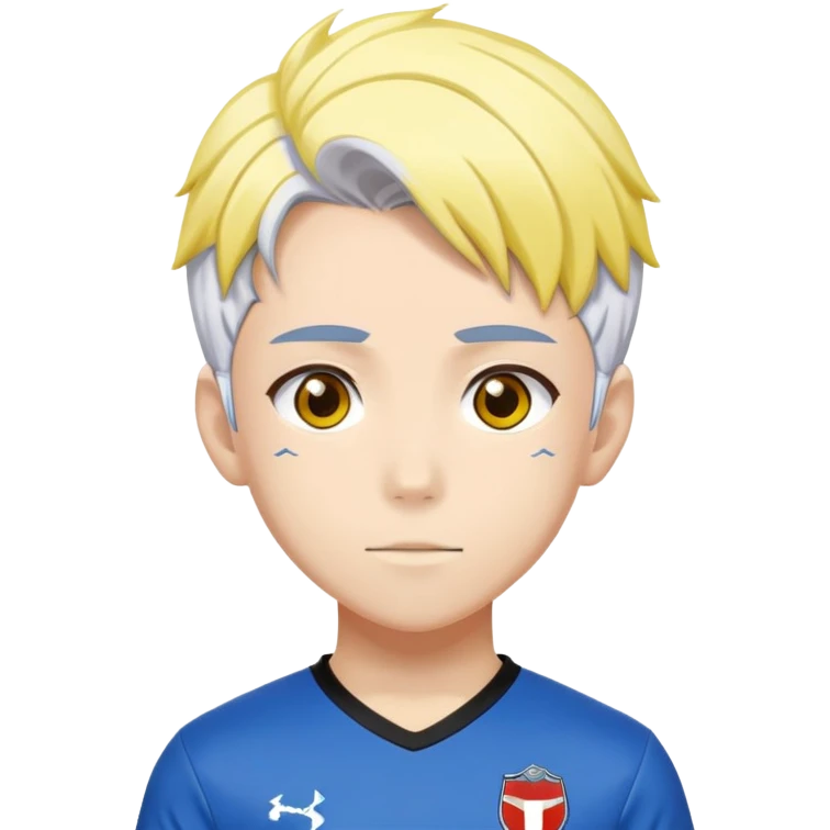 High school soccer player. Wears a uniform with red based and black on sides and yellow. His hair is a mixture of white on the top and blue on the bottom. He is a anime character from Bluelock and is Dutch. emoji