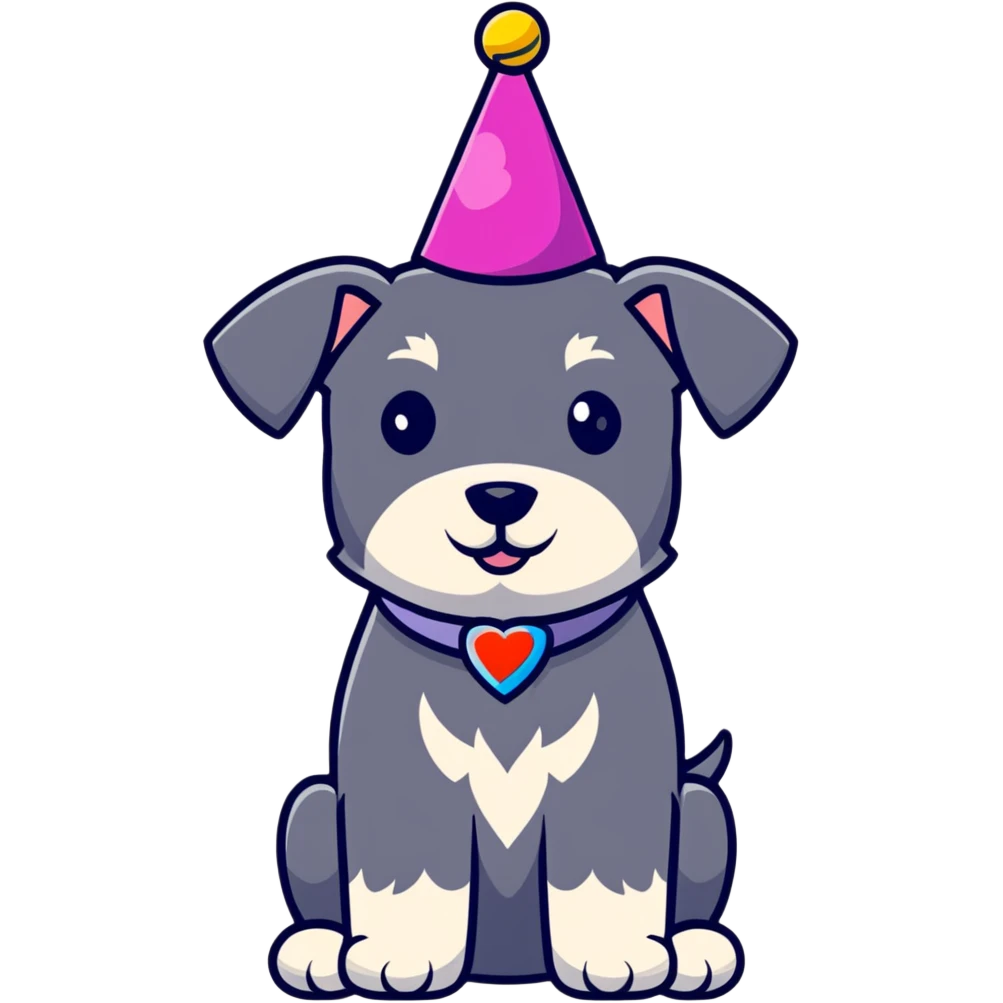 A schnauzer dog wearing a colorful birthday hat emoji