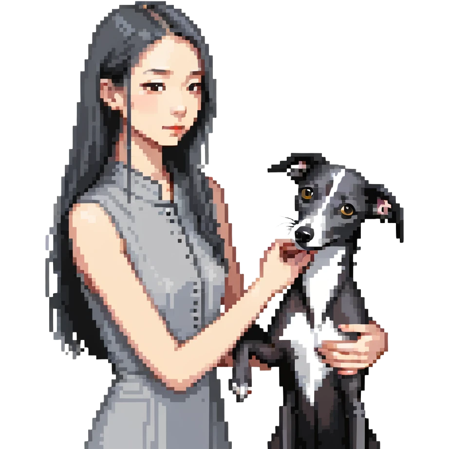 Slim Chinese girl with long black hair petting a dark grey Italian greyhound with a visible grey chest, no white markings anywhere emoji