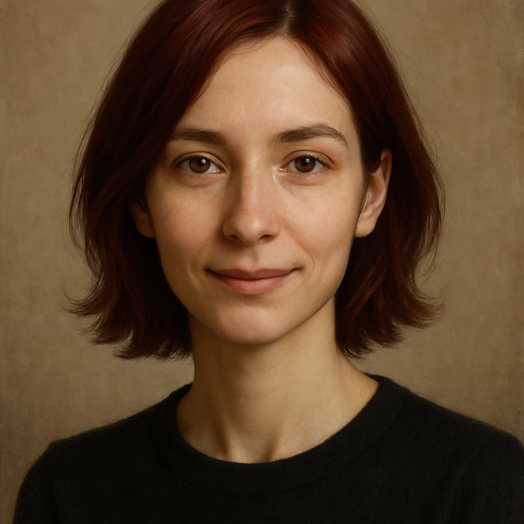 bust portrait of a slim figure with dark red hair, brown eyes, and a gentle smile emoji