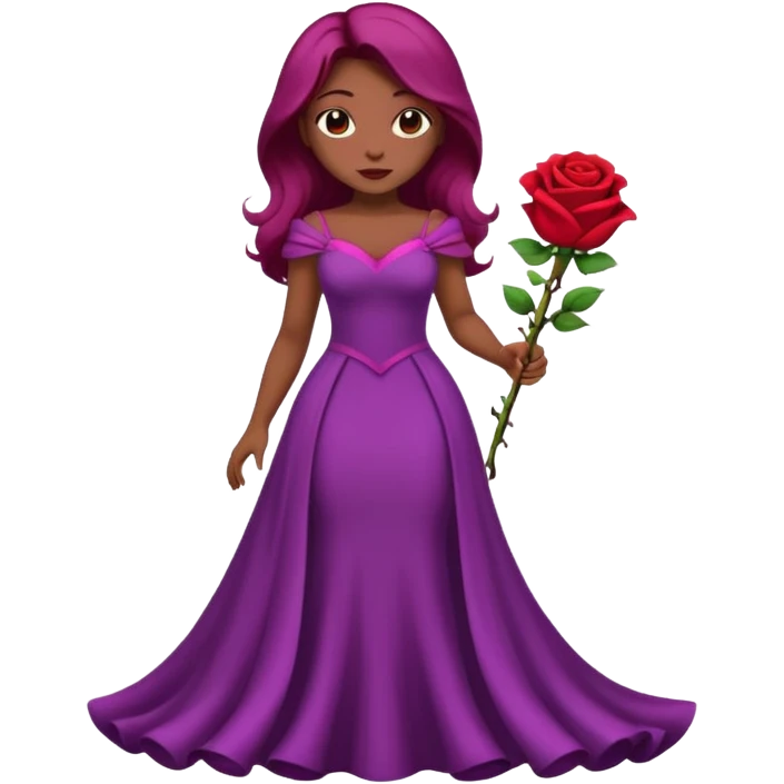 Faça uma mulher de cabelo roxo bem poderosa com vestido bem longo com umas rosas de buquê emoji