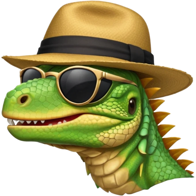 capitalist iguana head with black reflex sunglasses and hat smiling sarcastically emoji