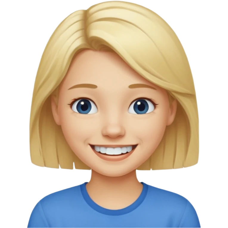 blonde hair girl smiling with teeth blue shirt emoji