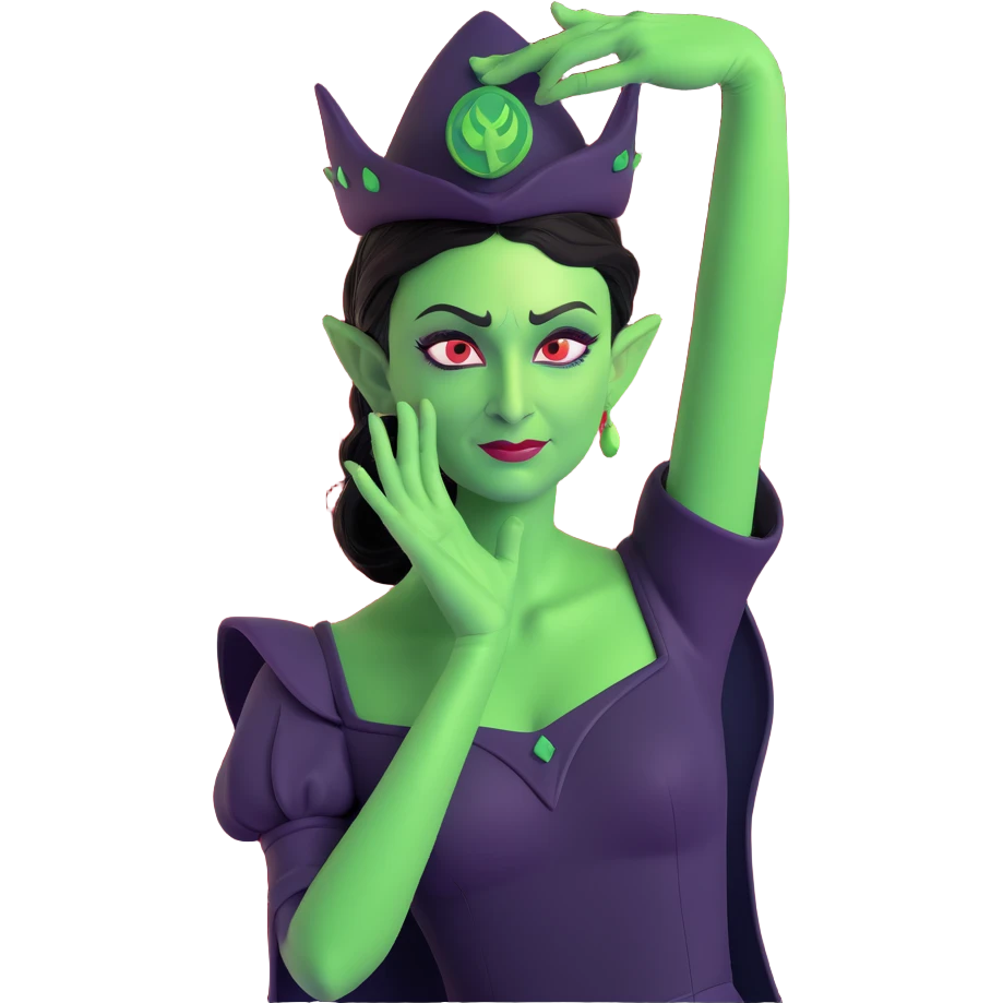 Elphaba, hand on head, waving, Ozdust Ballroom, dramatic, green skin emoji