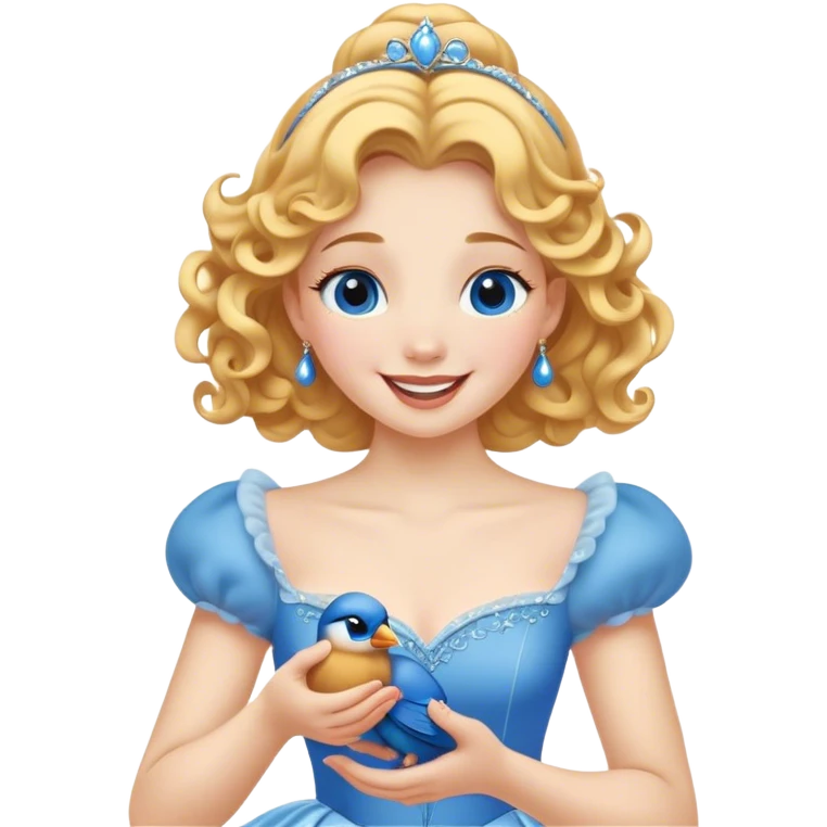 Cinematic Adorable Cinderella Portrait Emoji, Giggling softly while holding a tiny bluebird, golden curls bouncing, eyes sparkling with joy, wrapped in a soft golden glow, exuding warmth and charm, an irresistible blend of beauty and playfulness! emoji