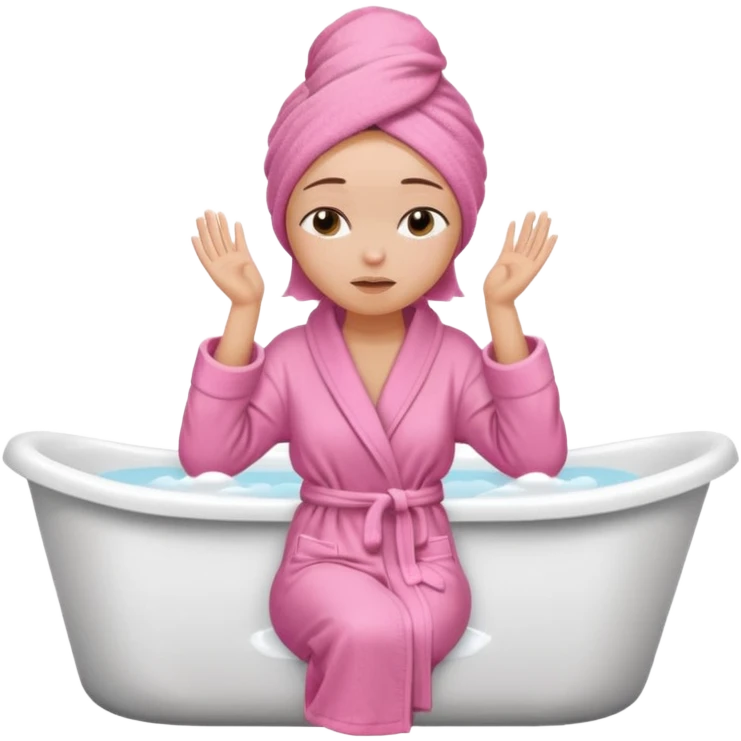 A woman sitting on the edge of a bathtub, wearing a pink bathrobe and towel on her head, one hand on her shoulders and eyes closed  emoji