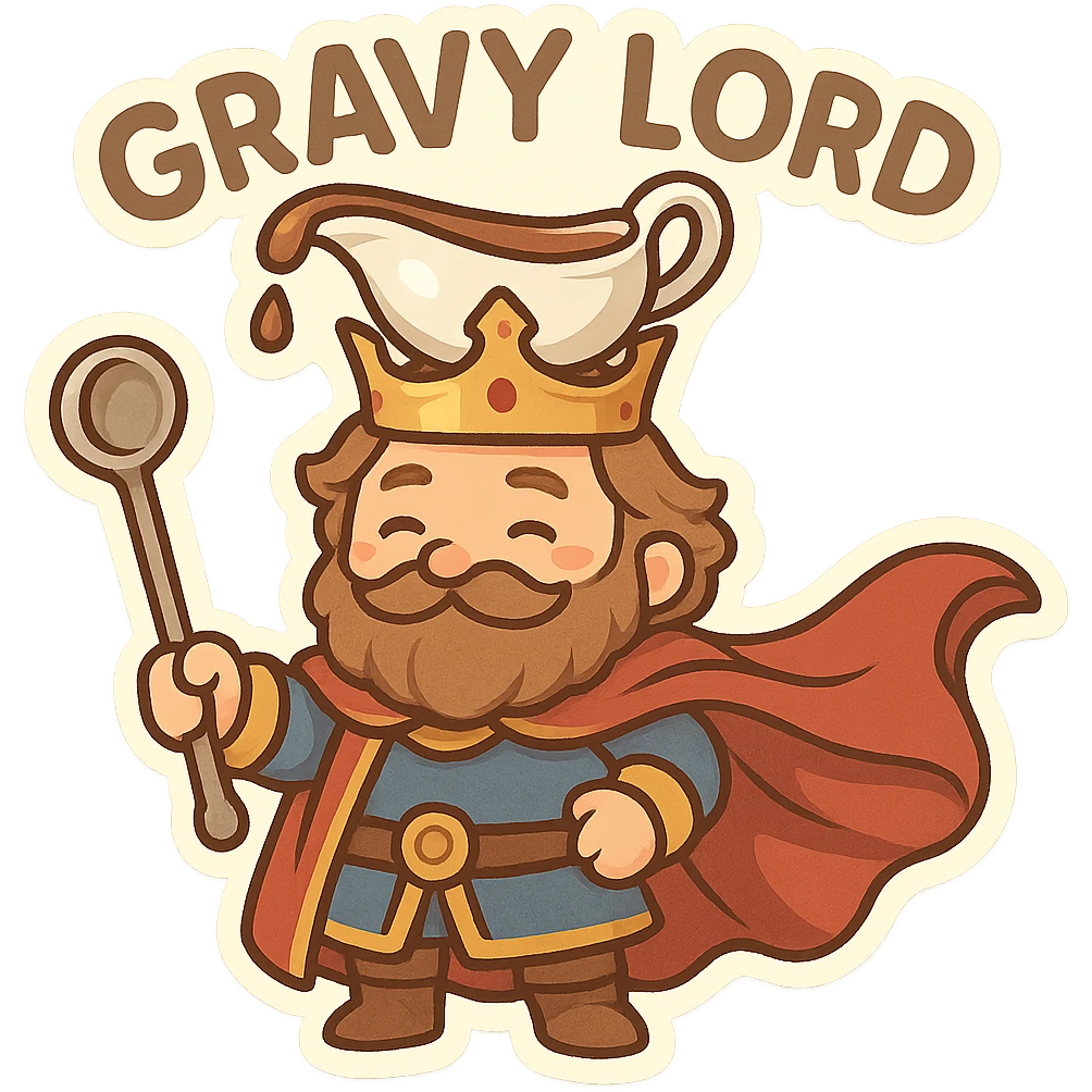 whimsical regal character called Gravy Lord with a gravy boat crown, holding a ladle scepter, flowing cape, fun and memorable style emoji