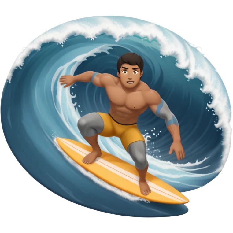 Indo guy dark hair and big muscles but short guy pro surfer surfing abig barrel wave in dark grey swimmers emoji