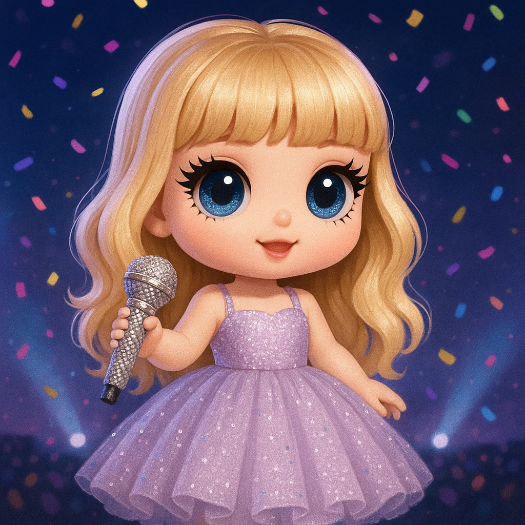 Pretty and girly Blonde pop star with bangs wearing a sparkly tulle light purple ballgown, holding a bedazzled microphone, reimagined as a cute doll, with a nighttime concert backdrop with colorful confetti emoji