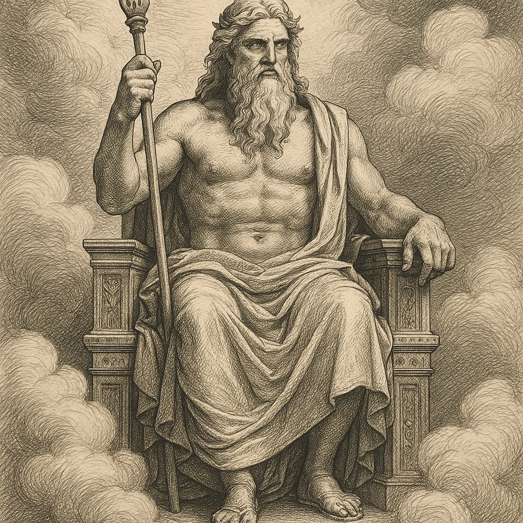 Zeus sitting on a throne, holding a scepter, surrounded by clouds, classic mythology style, detailed mythological illustration emoji