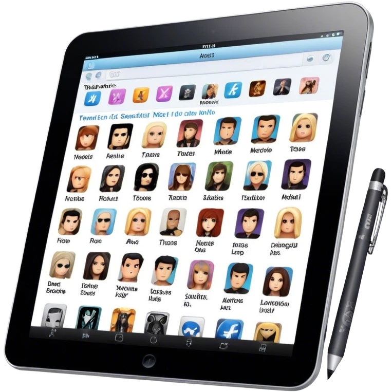 Create an emoji representing fanfiction writing. The design should feature a tablet with a screen displaying images of rock and movie stars, symbolizing the inspiration from popular culture. Next to the images, there should be visible text representing the fanfiction being written. A stylus should be placed near the tablet to emphasize the act of writing. Use a creative and expressive color palette with vibrant and neutral tones. Do not include any emojis or smiley faces. Make the background transparent. emoji