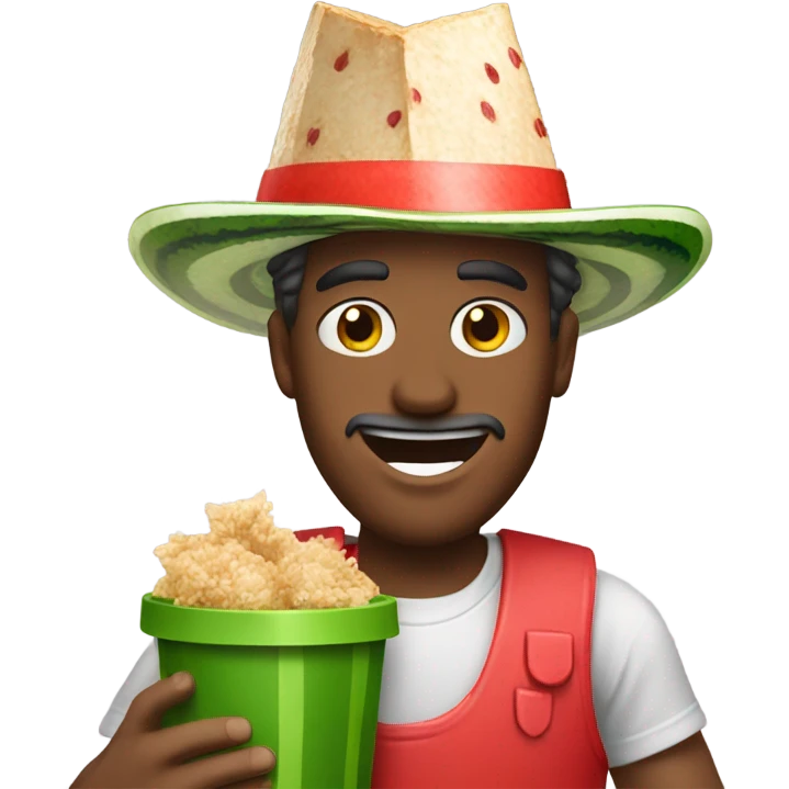 Create a guy holding kfc with a watermelon hat emoji