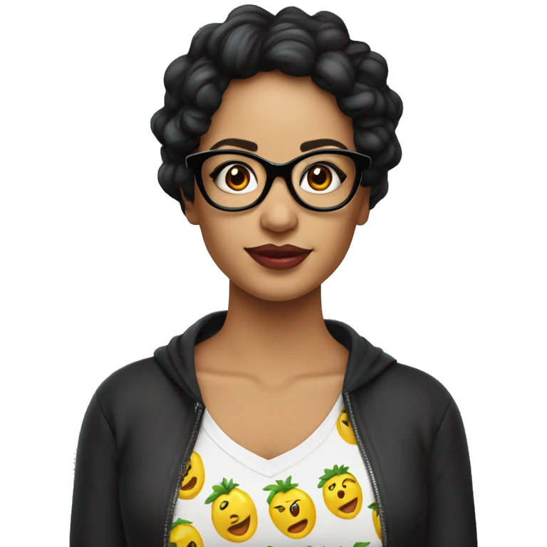 Mujer morena cabello negro con lentes y maquillaje con camiseta emoji