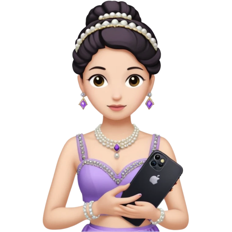 Make a girl standing in mirror in lavender lengha holding a iphone 16 pro max make her hair tie back side and a white pearl necklace  emoji