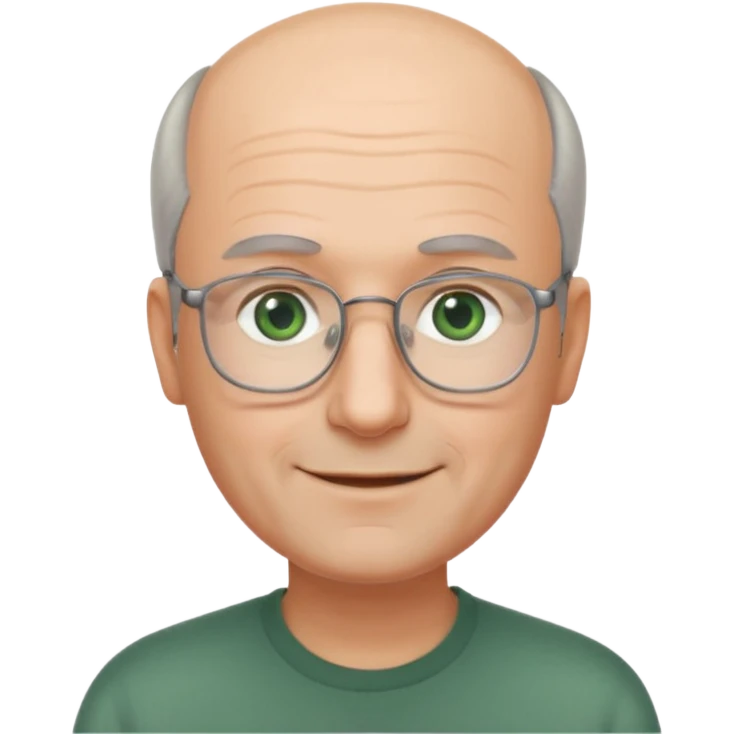 Balding man with receding hair, grey hair only on the sides, green eyes, rectangular reading glasses, rounded clear face, with a smile emoji