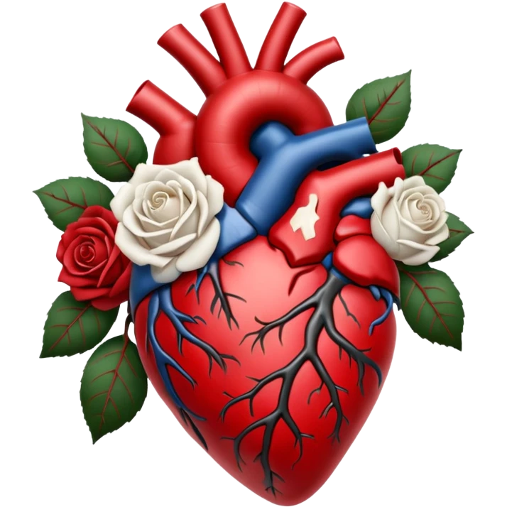 Anatomical heart With black and crimson veins and white roses emoji