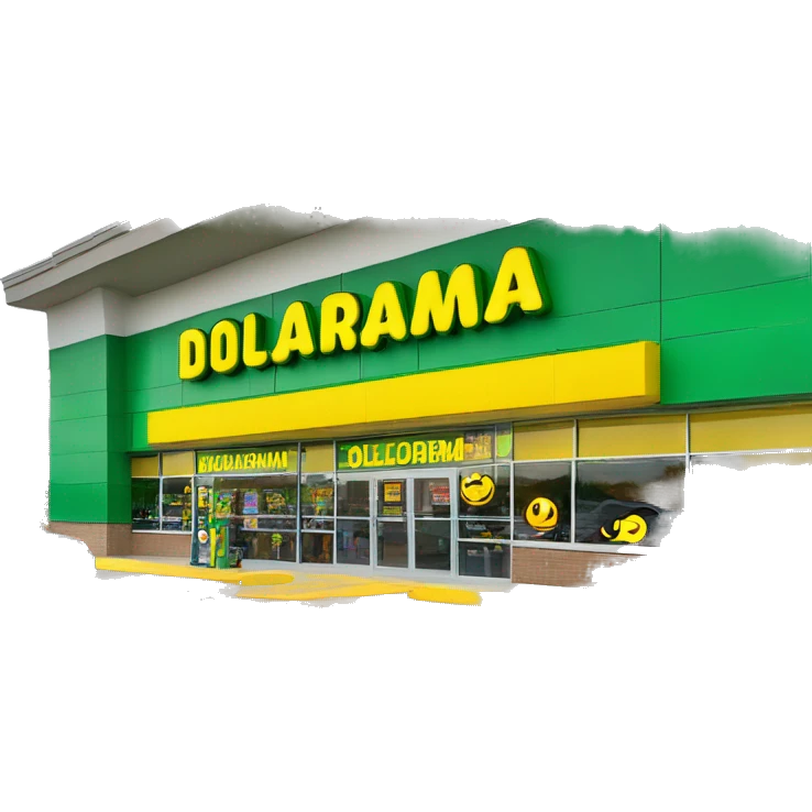 “Exterior of a Dollarama store with the bright green facade, bold yellow Dollarama sign, large front windows, and entrance doors, capturing the look of a budget-friendly retail store.” emoji