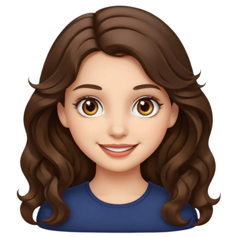 a girl with long wavy brunette hair, hazel eyes, cute make up emoji
