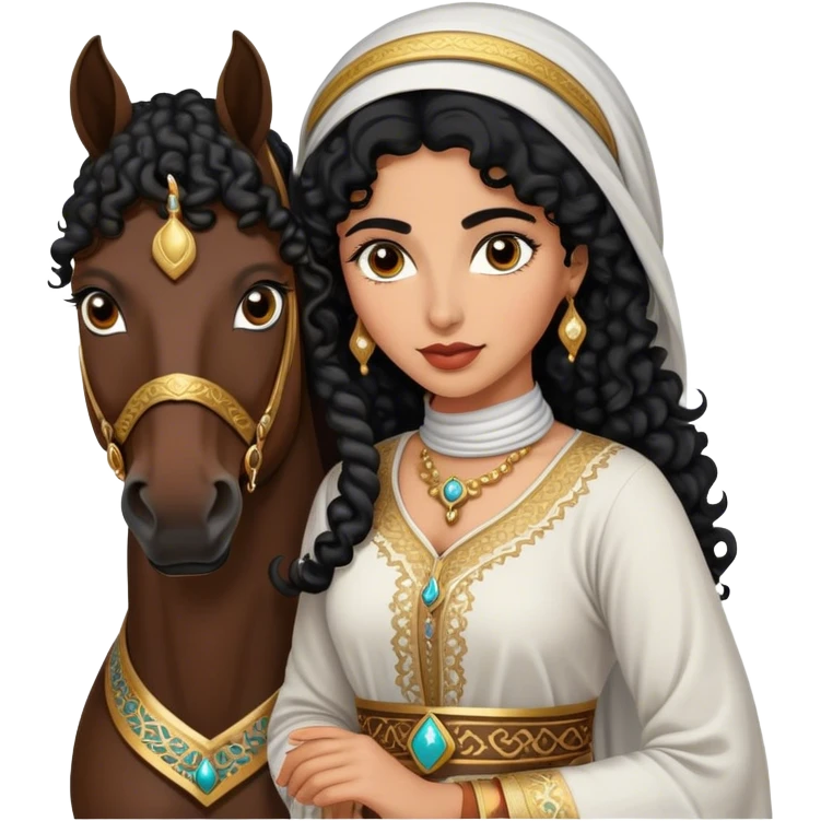 Middle Eastern woman with black curly hair and well defined eyebrows wearing a traditional dress holding into a Arabic horse  emoji