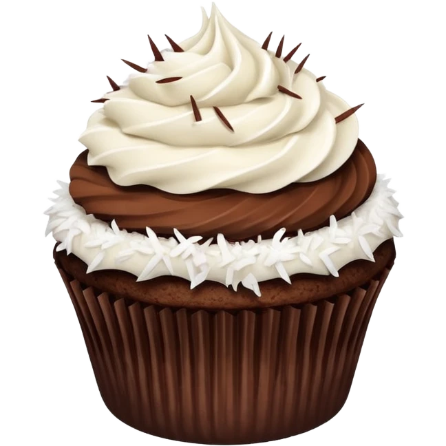 Chocolate cupcake with coconut frosting & coconut flakes emoji