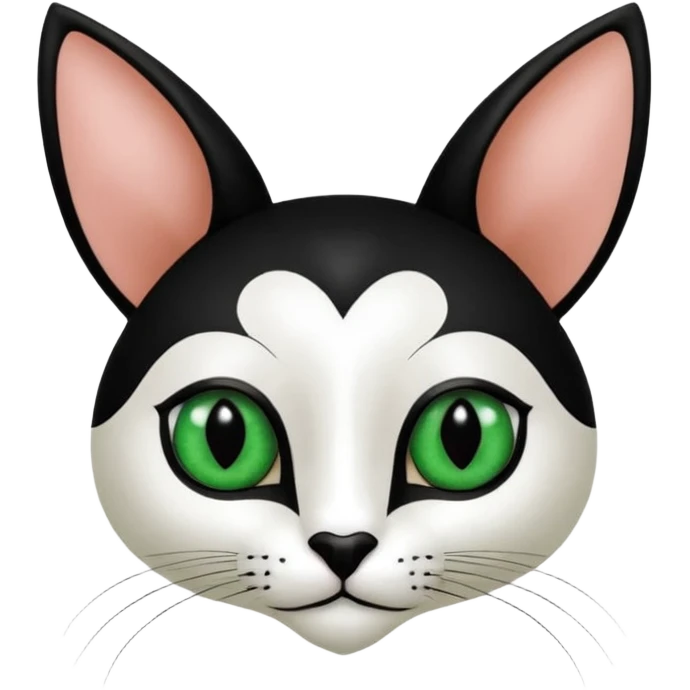 Haz una gata de ojos verdes la cara blanca con mancha negra en las orejas que agarra parte de la frente del lado der pero del iz va desde el ojo hasta la oreja la mancha, tiene la nariz negra en forma de corazón y todo lo que sobra de la cara, barbilla la nariz arriba y el lado de bigotes es blanca emoji
