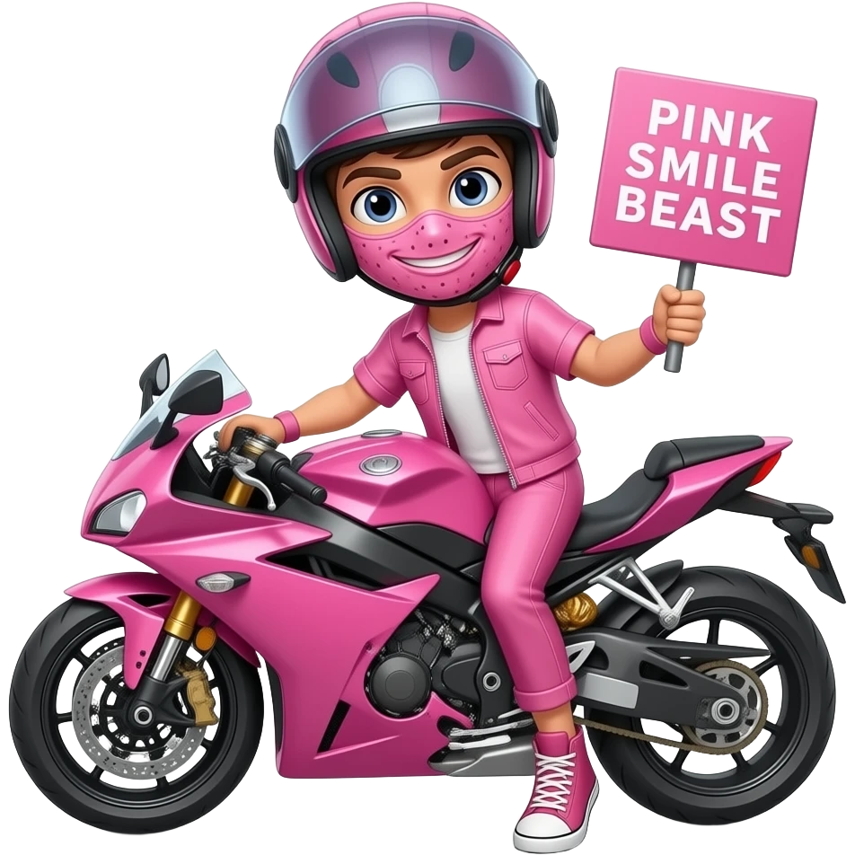 sexy boy with a motorcycle helmet in pink clothes and a pink motorcycle wearing a pink mask holding a PINK SMILE BEAST sign emoji
