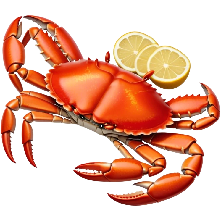 Cinematic rich crab legs, bright red shell glistening, cracked open to reveal tender white meat, warm golden highlights, detailed and delicious. emoji
