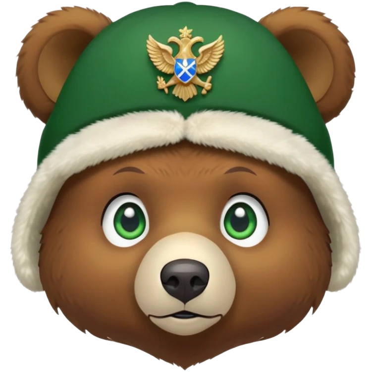 Small cute brown bear head only, innocent expression and green eyes, white ushanka hat with detailed Russian double-headed eagle emblem, no jacket or body, iOS emoji style emoji
