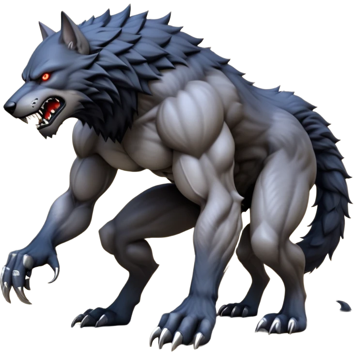cinematic-noble-fierce-werewolf-full body on all fours-emoji, poised-and-imposing, with a tall, lean, and muscular wolfish frame inspired by the brutal, imposing shape of the beast from Berserk, fur rippling in shades of midnight black and silver, massive paws with razor-sharp claws, elongated limbs and fangs, eyes glowing with an intense, primal ferocity, reflecting the untamed power of the wild moonlit night; rendered with realism like a wolf hunched over battle ready pose ready to attack emoji