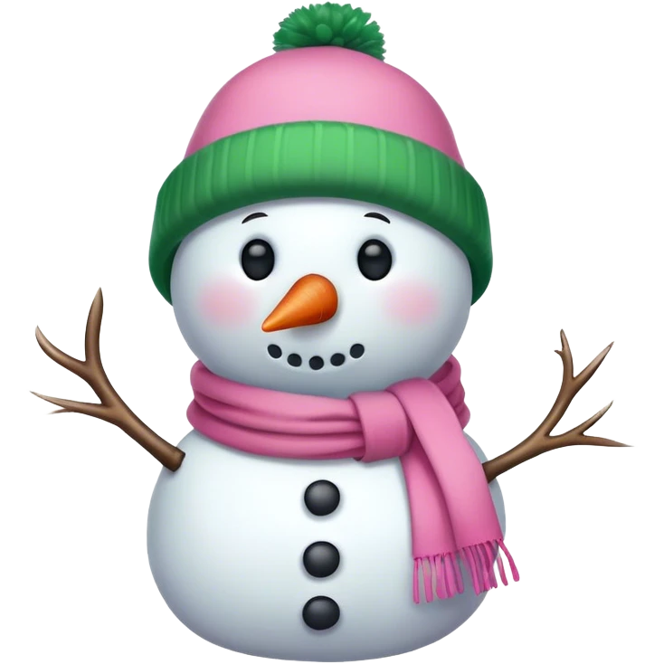 Pink snowman with green hat and scarf emoji
