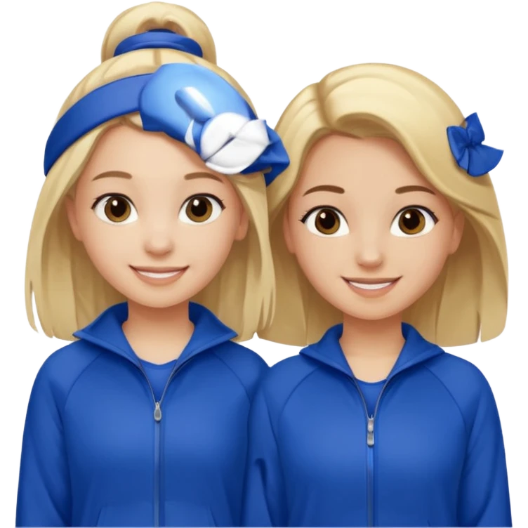 two girls smiling one has blond hair and one is has dark brown hair they are wearing royal blue track suits emoji