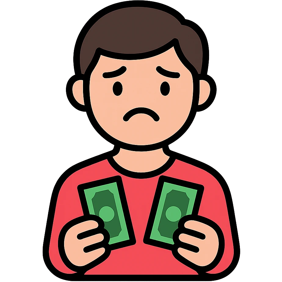 dark brown haired guy with a round face, disappointed expression, holding cash emoji