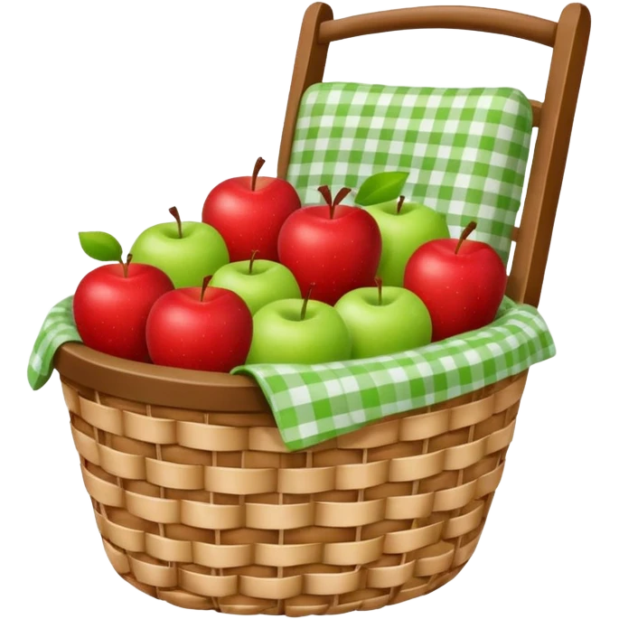 woven basket with apples and white checkered cloth on a white wooden chair emoji