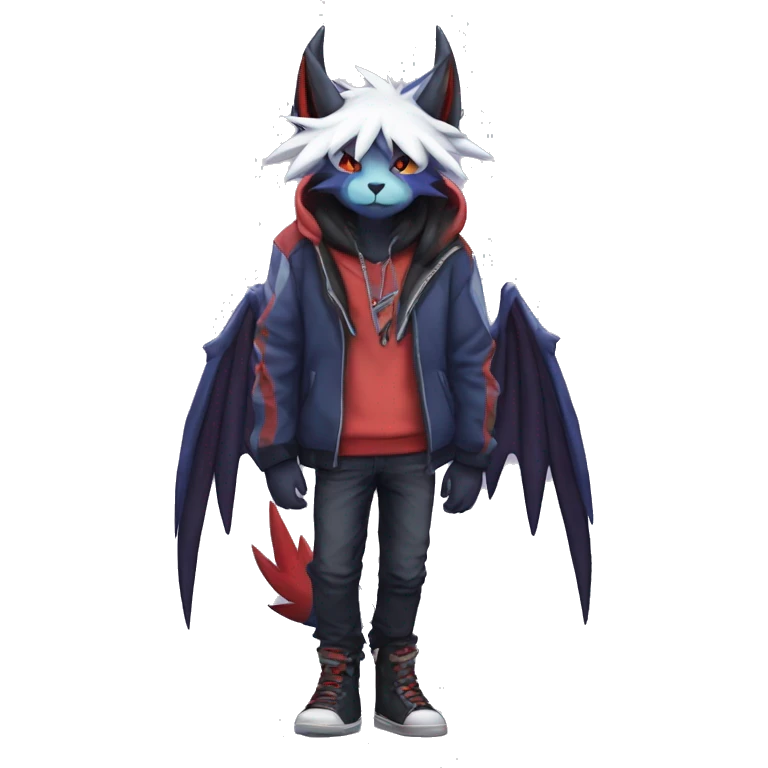 Cool Anthro Dark Absol-Noivern-Quilava-Litten-Pokémon with edgy stripes hoodie spiked collar punk Full Body emoji