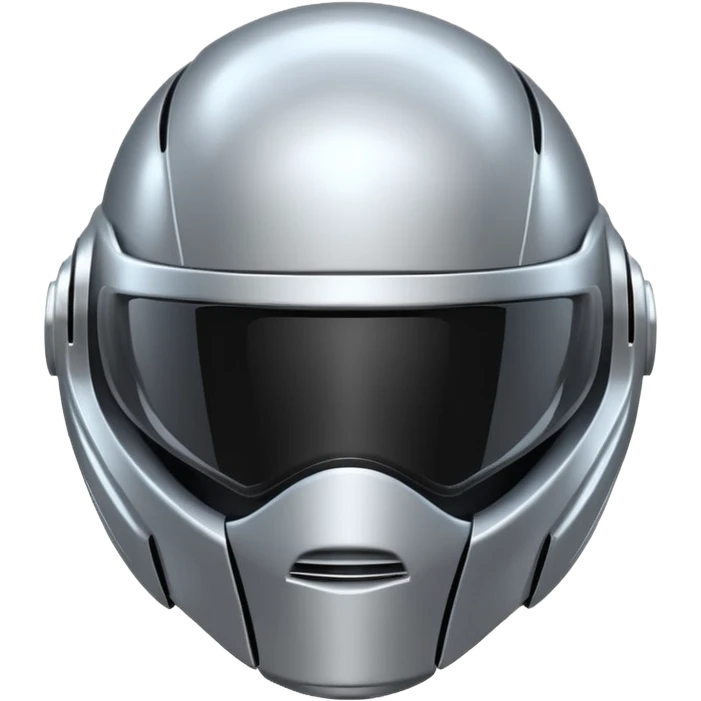 A futuristic helmet emoji made of silver chrome, smooth aerodynamic shape, minimal visor detail, reflective metallic surface, sci-fi aesthetic, iOS emoji style, centered on clean white background emoji