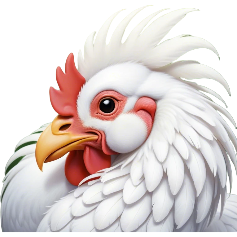 Meme-Worthy Cute Sleeping White Rooster Portrait Emoji, Head resting peacefully with a contented smile, showcasing a robust build and a luxuriously soft pure white plumage, eyes shut in a serene, restful nap, Simplified yet hilariously adorable features, highly detailed, glowing with a soft, drowsy light, high shine, relaxed and utterly lovable, stylized with an air of playful laziness, bright and heartwarming, soft glowing outline, capturing the essence of a comically sleepy rooster, so meme-worthy it feels like it could instantly become the next viral sensation of adorable slumber! emoji