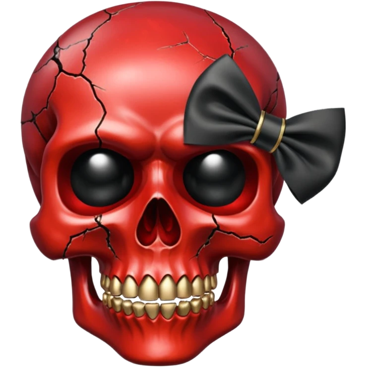 make me a red crystal skull partly see thew super gem like make it realistic and held together by a big black bow super realistic skull cracking all over the eyes are black gems with a hint of gold in the center emoji