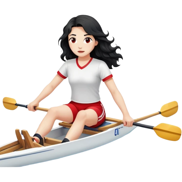 girl with long black wavy hair, white skin, wearing red shorts and white short-sleeve t-shirt, sitting in a professional Olympic rowing boat rowing, facing fully right emoji