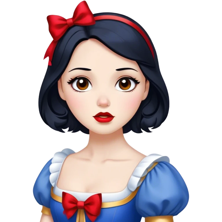 Cinematic Elegant Snow White Portrait Emoji, rendered in a realistic, vector-style with minimal shading and bold, simplified shapes. Depict Snow White (chest and above) with flawless porcelain skin, expressive deep brown eyes, and lustrous raven hair neatly styled with a red bow, wearing her classic blue and gold dress. The image glows with a soft, pure radiance and high shine, capturing timeless beauty and gentle grace. emoji