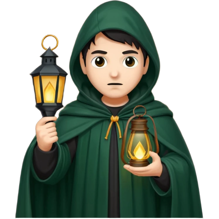traitor tv show, person wearing dark green cloak with hood up who looks evil and is holding up a lantern emoji