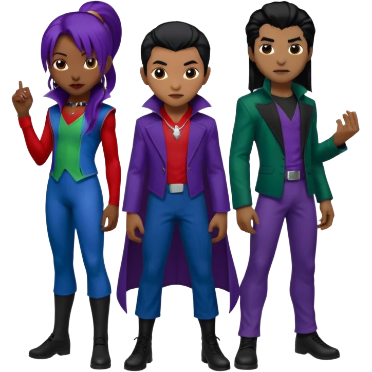Solo poly platonic relationship, one African girl, one Asian boy, one biracial features Asian tomboy girl rat-tail hair long and upper masculine hair 90s, vampire and marvel cosplay elements inspired  use marvel colours, like instead of obvious human, green purple blue etc,  emoji
