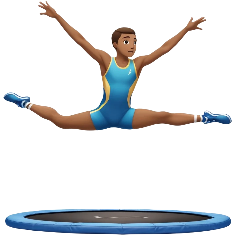An athletic person soaring high above a trampoline, executing an acrobatic flip with perfect form. The scene captures motion and energy, with a dynamic pose, stretched limbs, and a focused expression. The background suggests a professional trampoline arena with safety padding. emoji