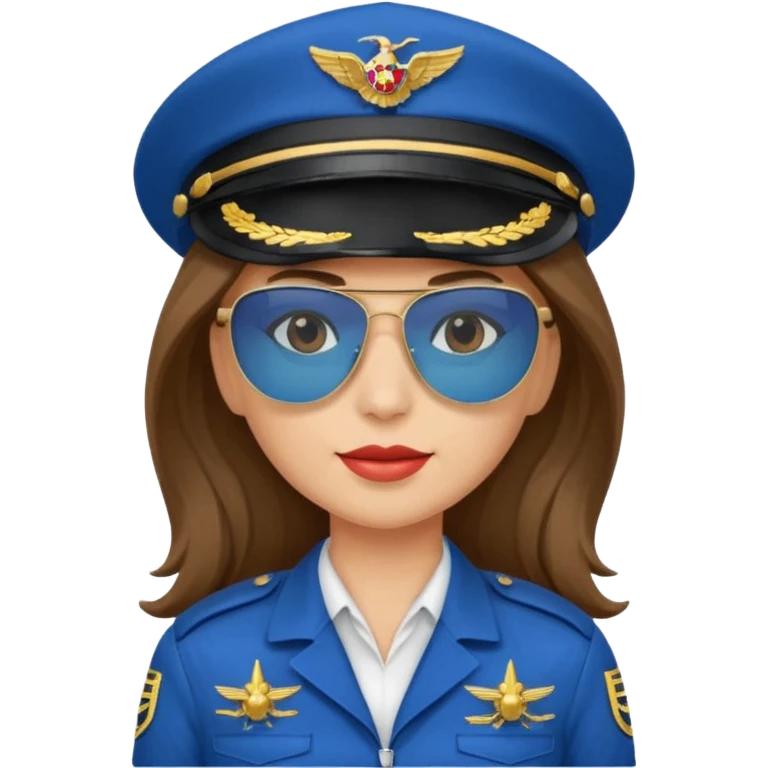 pilote d'avion femme cheveux brun clair avec sunglasses et chapeau de pilote et uniforme bleu emoji