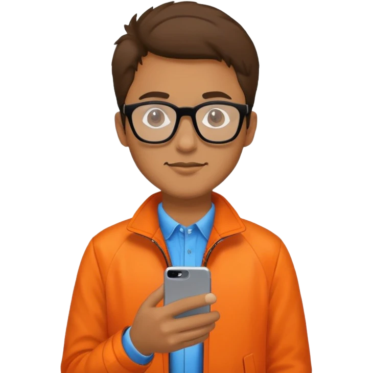 A man with orange jacket wear glasses and iphone emoji