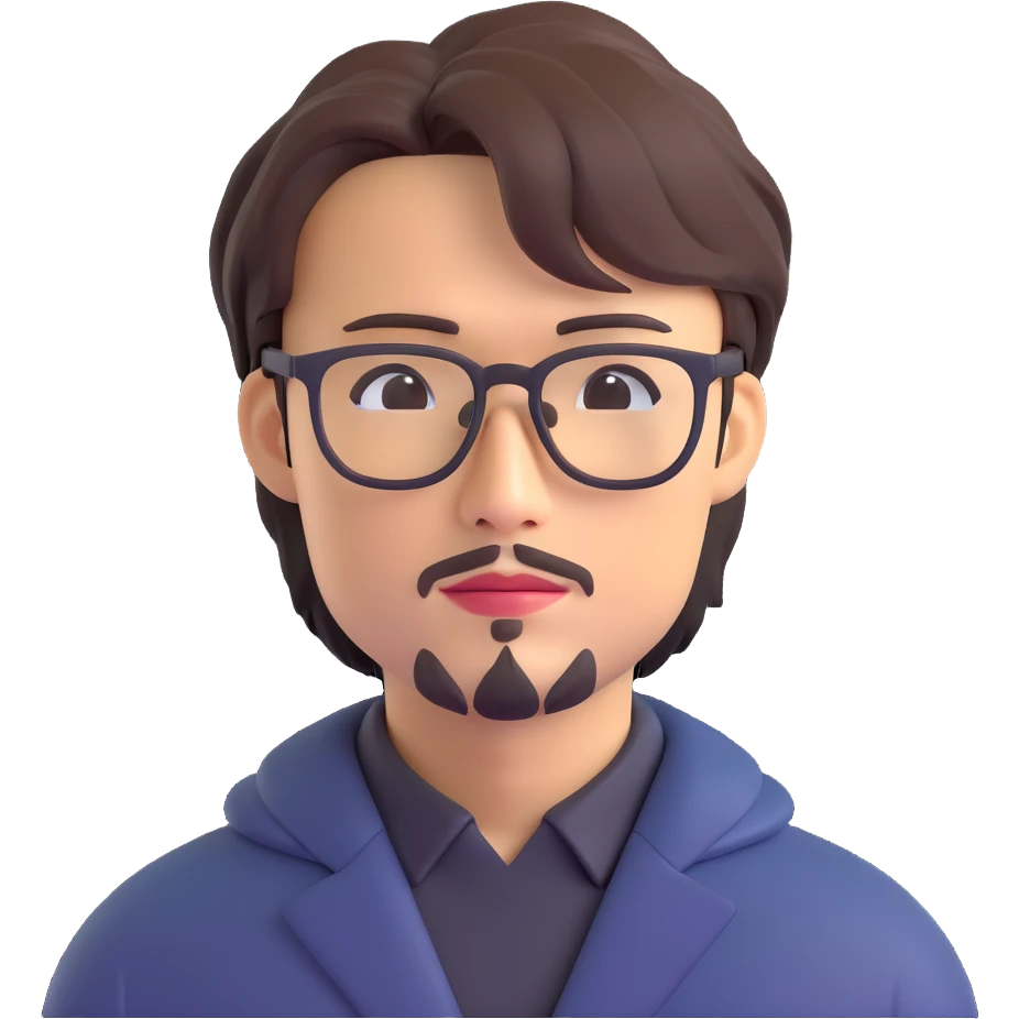 Hideo Kojima as a creative game director with glasses and unique hairstyle, stylized portrait in 3D emoji style emoji