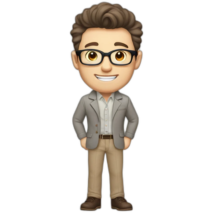 Joyful Pale skinned Fit Man With dark brown hair in gray jacket, beige office shirt, Brown pants and vintage glasses. His thrumbs up emoji