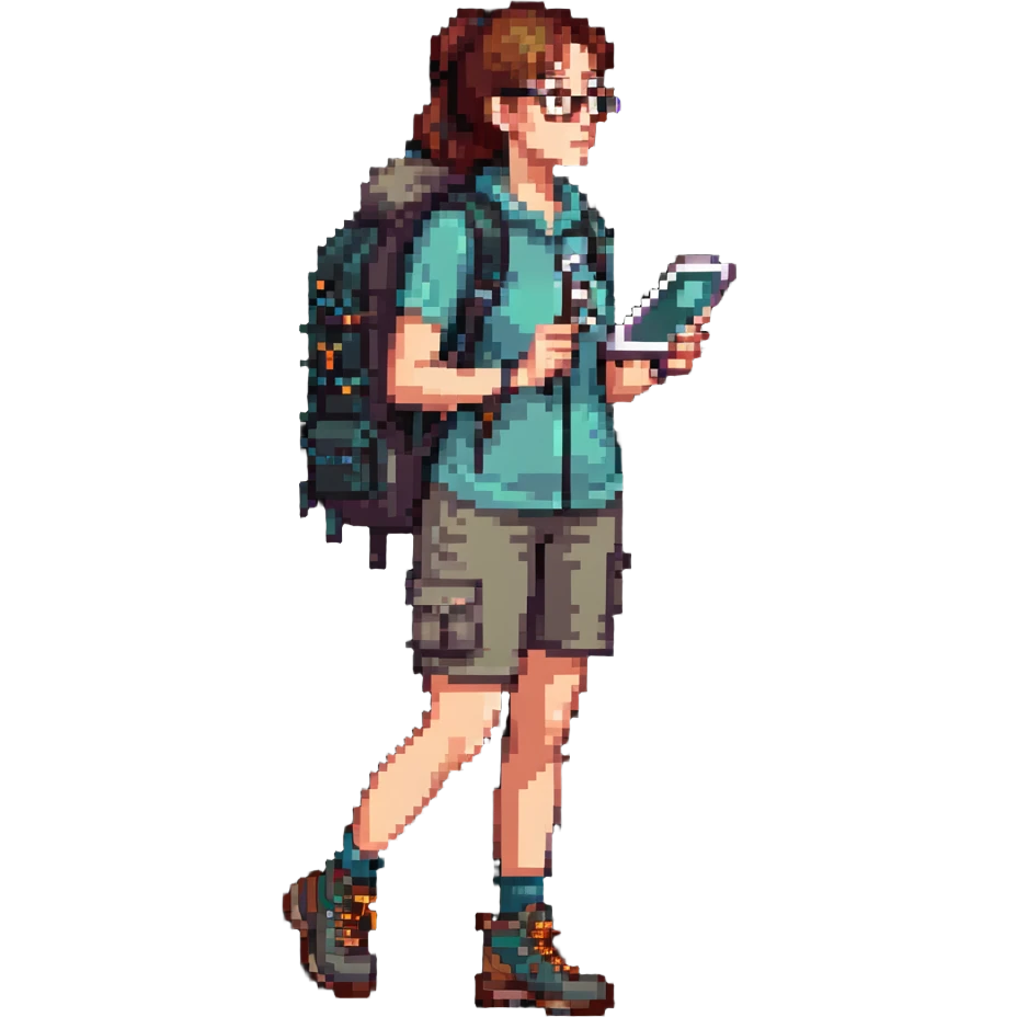 Very happy excited woman in her 40s with glasses wearing sporty outfit, hiking boots, and backpack, holding a magnifying glass emoji