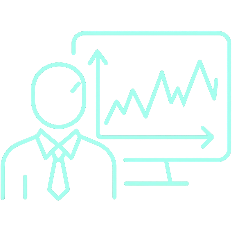 minimalist neon icon of a trader watching a volatile stock chart, color #0BD794, glowing lines emoji